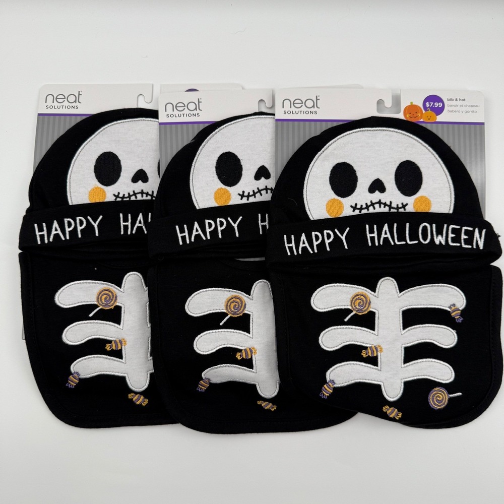 Neat Solutions Halloween Skeleton Bib and Hat Costume Set Baby Infant Lot of 3